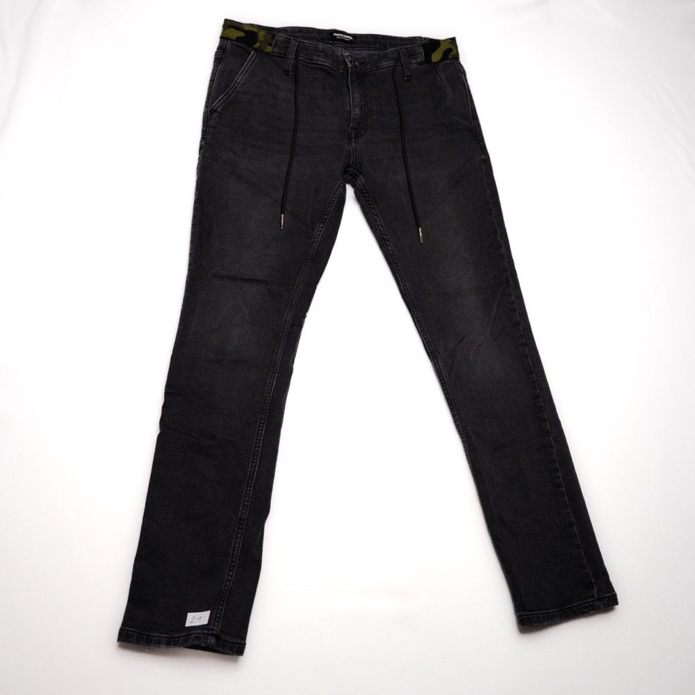 Jack & Jones Ben Skinny Black Jeans Camouflage Detail and Drawstring, 34x32, EUC